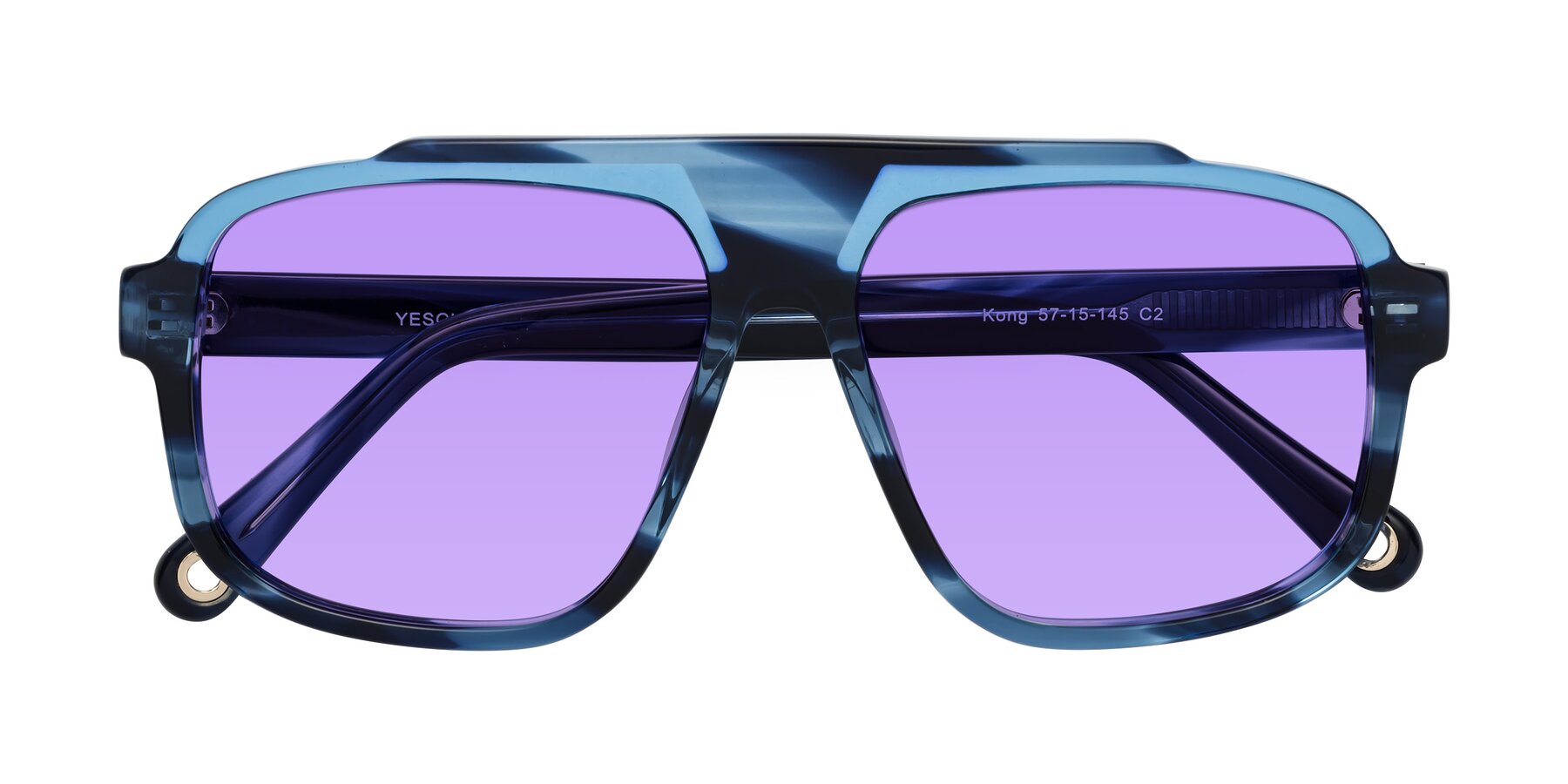 Folded Front of kong in Ocean Striped with Medium Purple Tinted Lenses