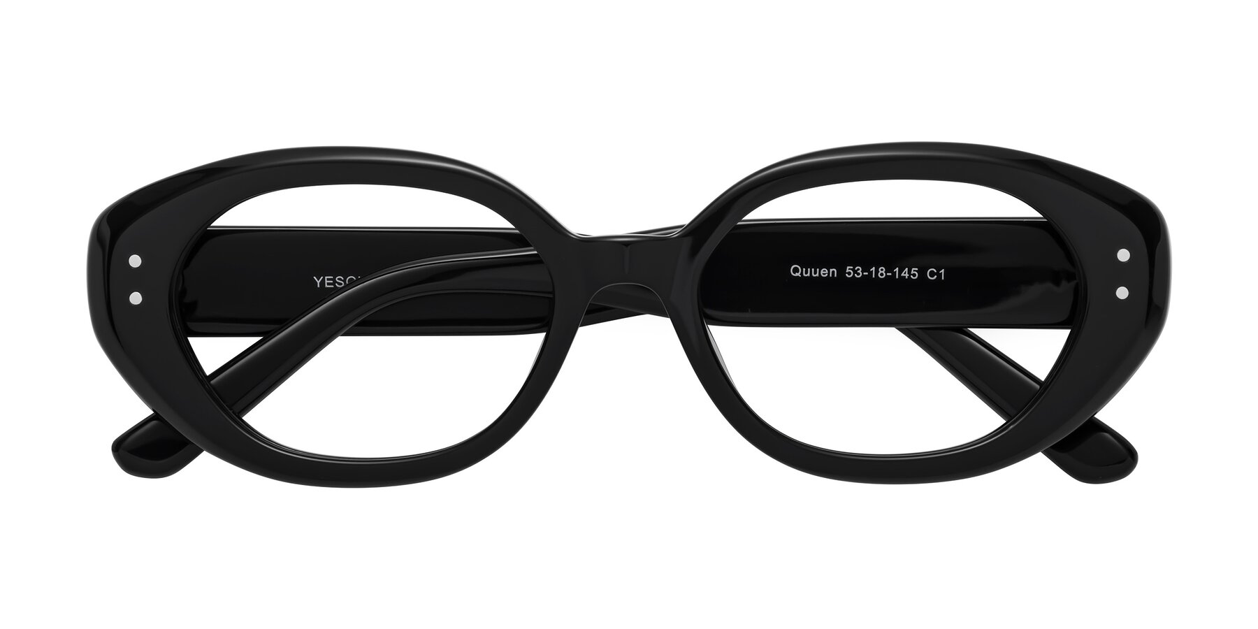 Folded Front of Quuen in Black with Clear Reading Eyeglass Lenses