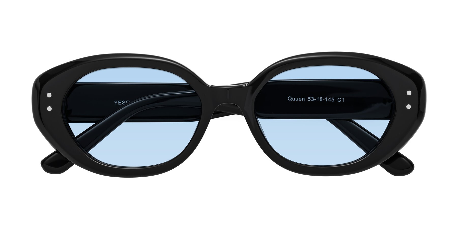 Folded Front of Quuen in Black with Light Blue Tinted Lenses