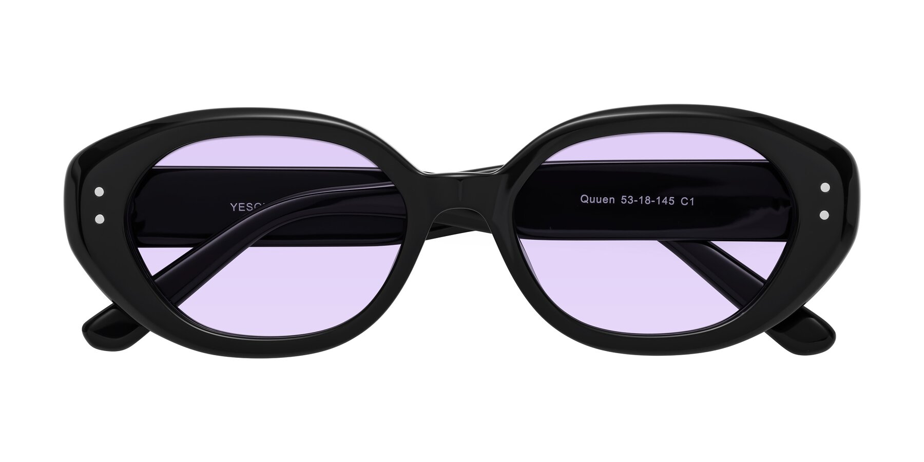 Folded Front of Quuen in Black with Light Purple Tinted Lenses