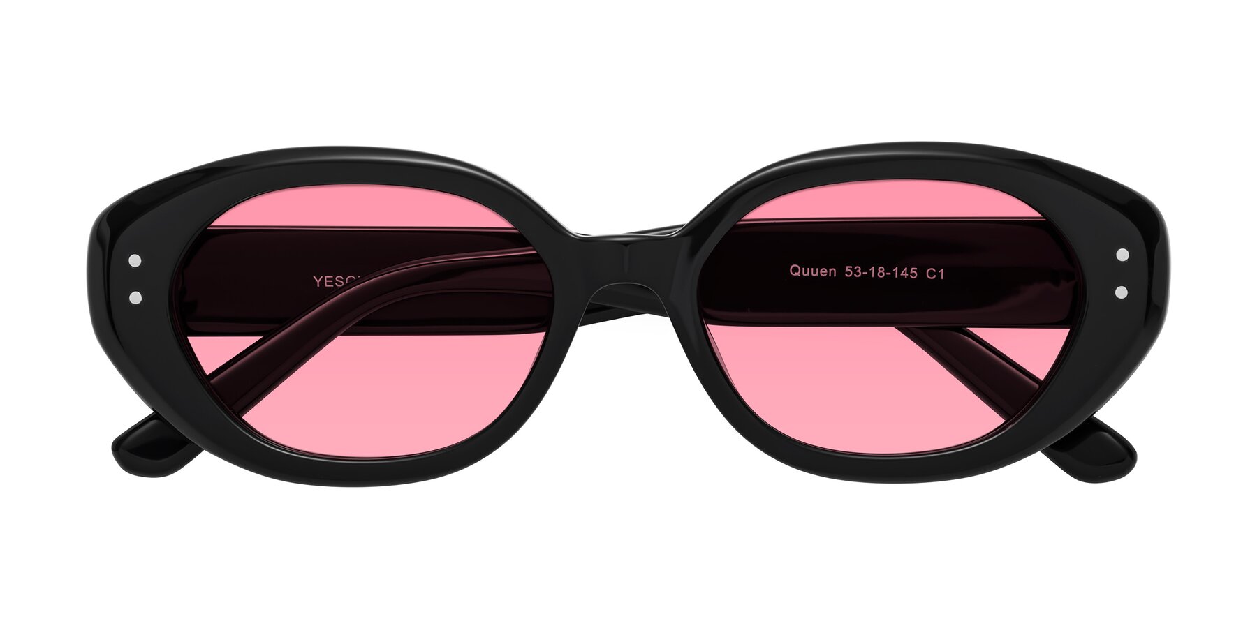 Folded Front of Quuen in Black with Pink Tinted Lenses