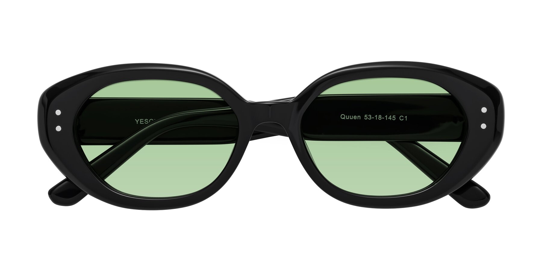 Folded Front of Quuen in Black with Medium Green Tinted Lenses