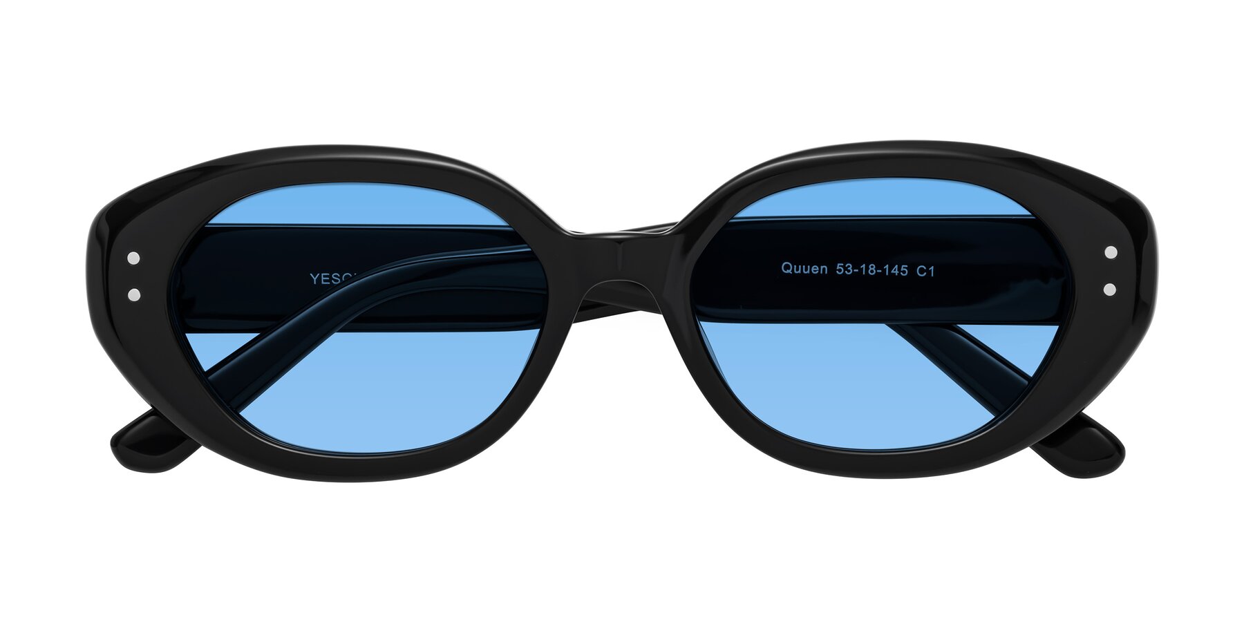 Folded Front of Quuen in Black with Medium Blue Tinted Lenses