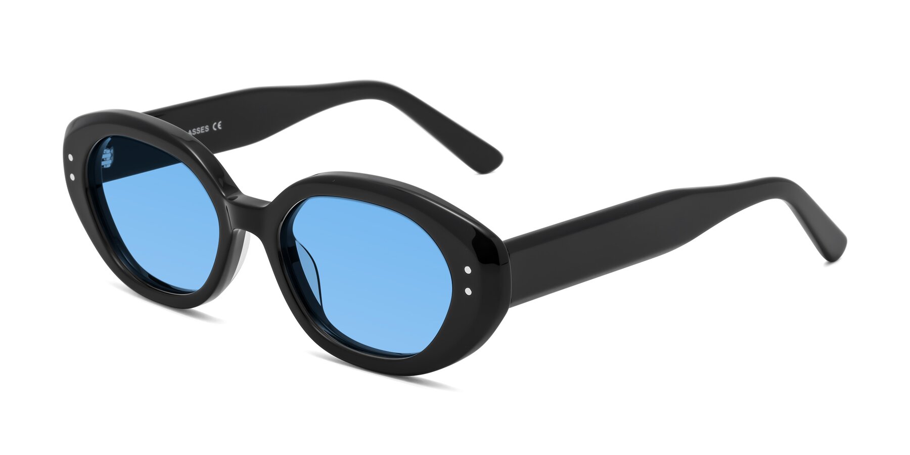 Angle of Quuen in Black with Medium Blue Tinted Lenses