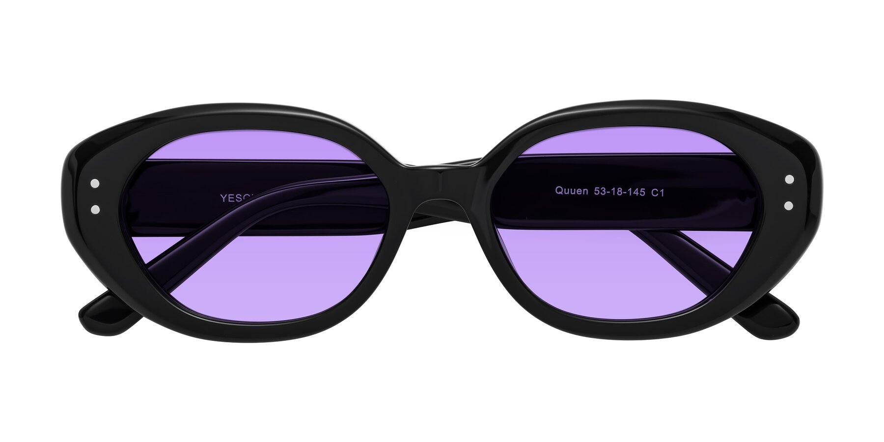 Folded Front of Quuen in Black with Medium Purple Tinted Lenses