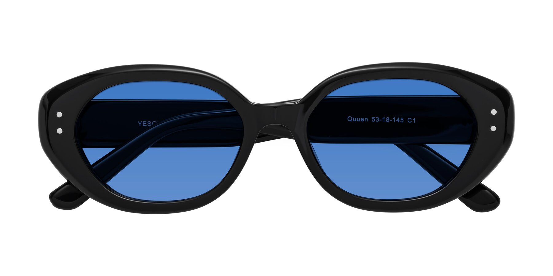 Folded Front of Quuen in Black with Blue Tinted Lenses