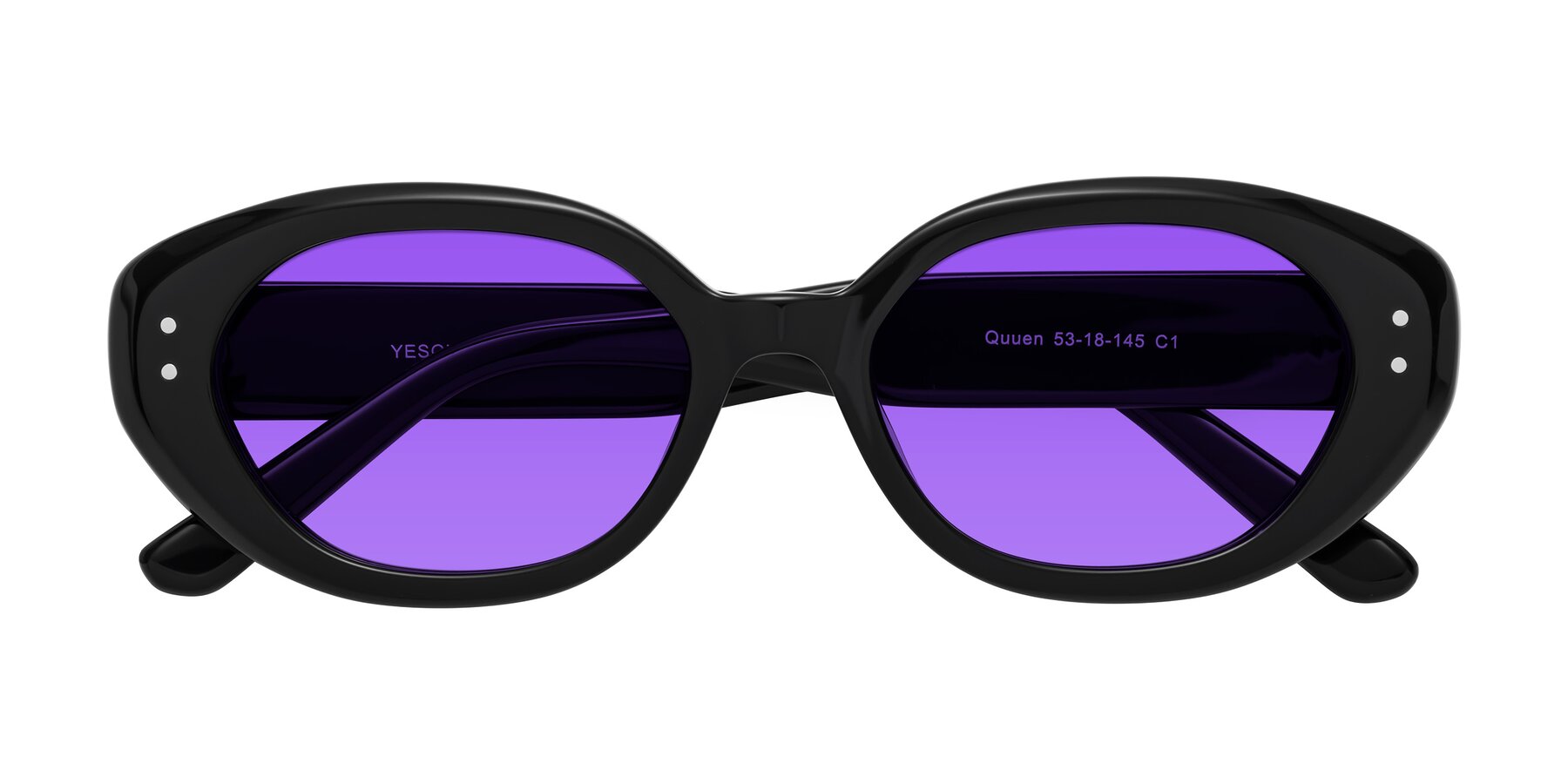 Folded Front of Quuen in Black with Purple Tinted Lenses