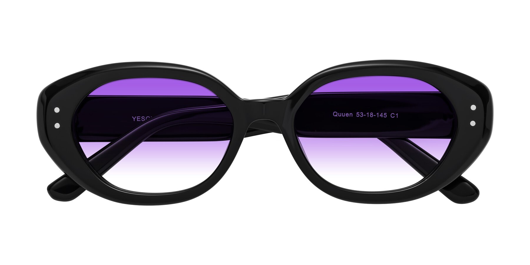 Folded Front of Quuen in Black with Purple Gradient Lenses