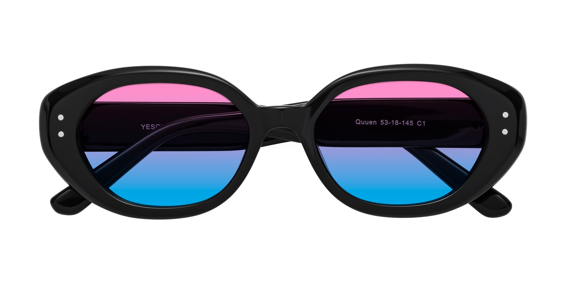 Folded Front of Quuen in Black with Pink / Blue Gradient Lenses