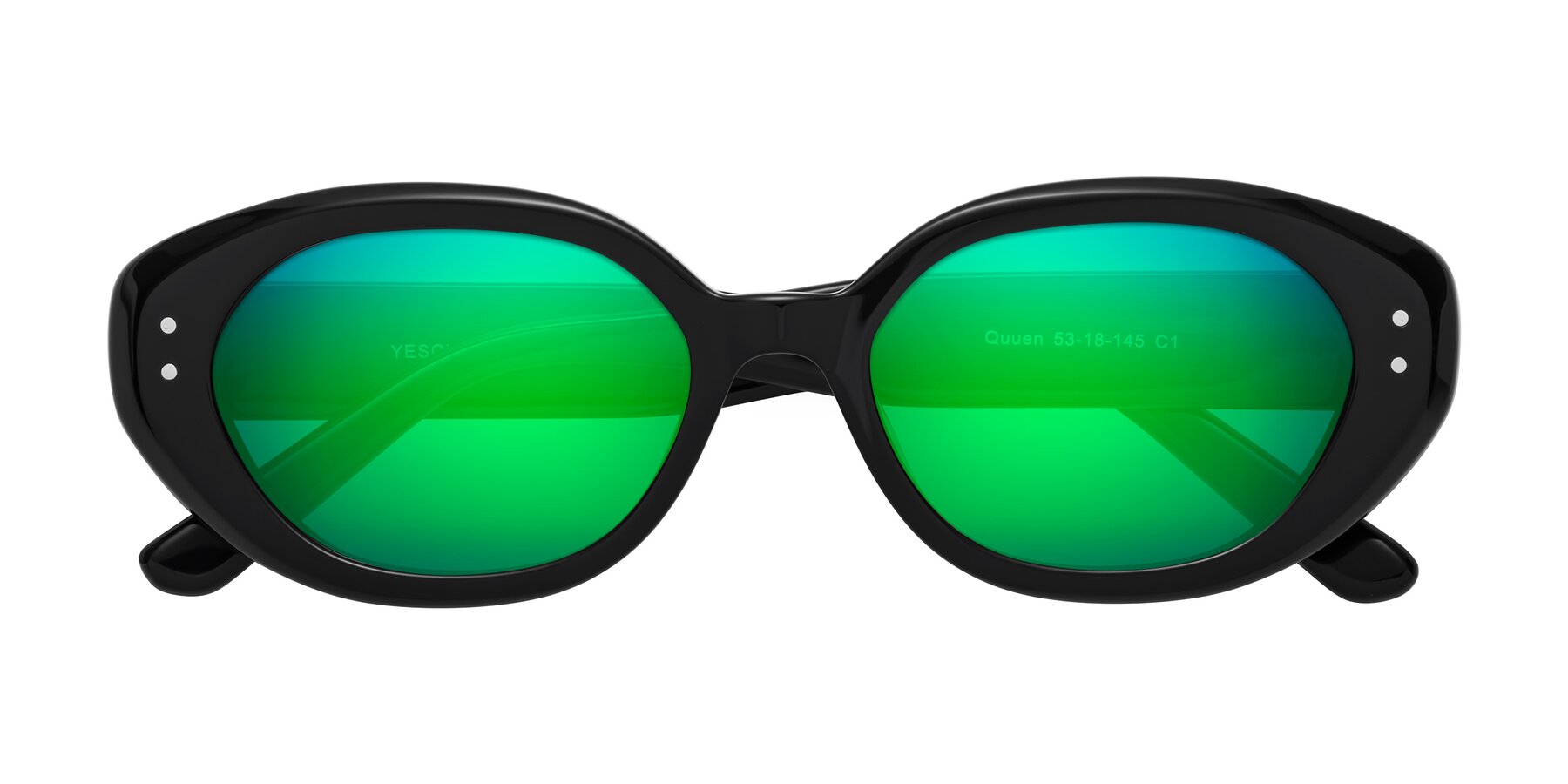 Folded Front of Quuen in Black with Green Mirrored Lenses