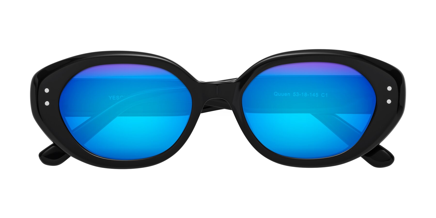 Folded Front of Quuen in Black with Blue Mirrored Lenses