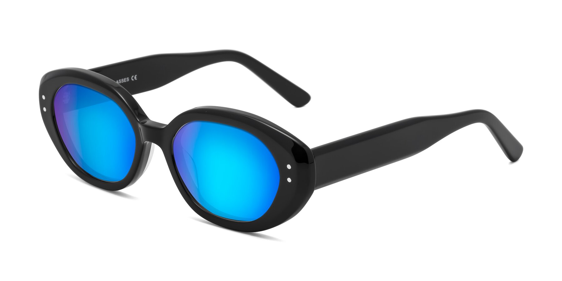 Angle of Quuen in Black with Blue Mirrored Lenses