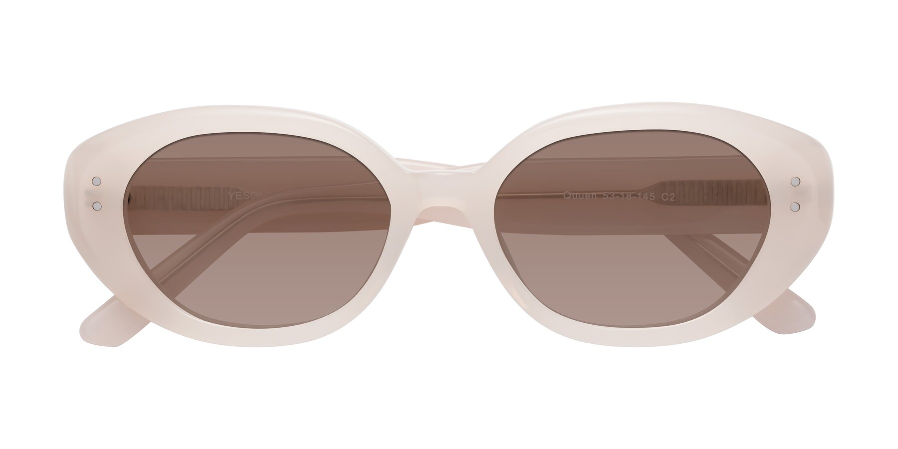 Folded Front of Quuen in Pale Pink with Medium Brown Tinted Lenses