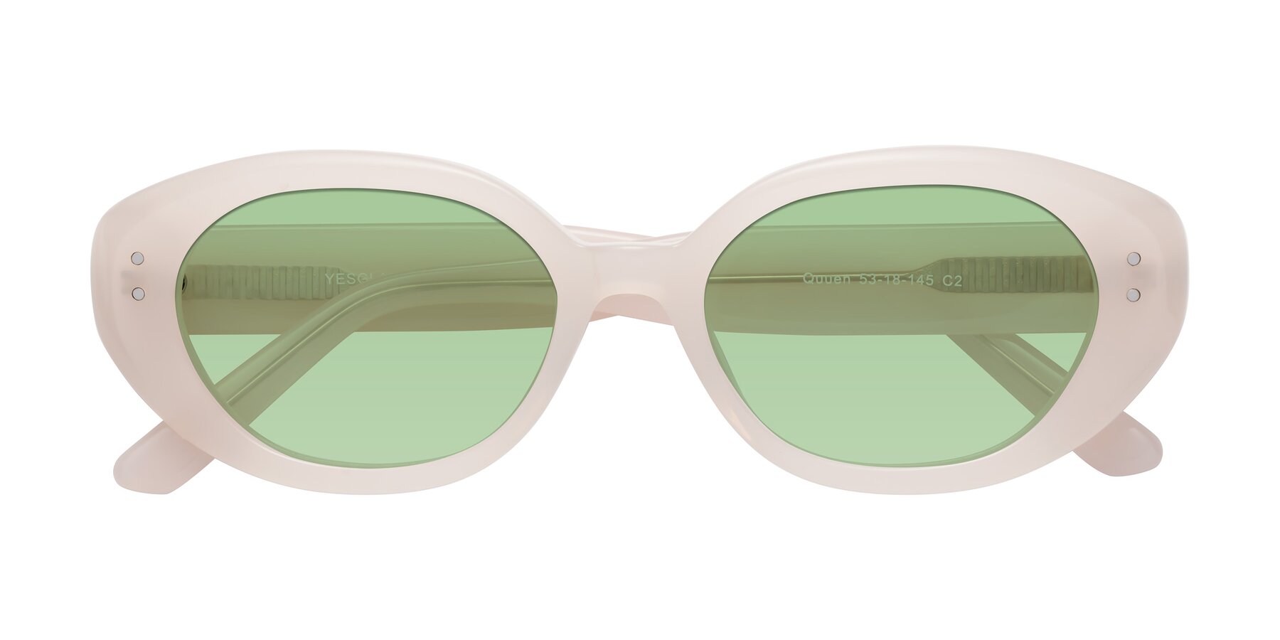 Folded Front of Quuen in Pale Pink with Medium Green Tinted Lenses