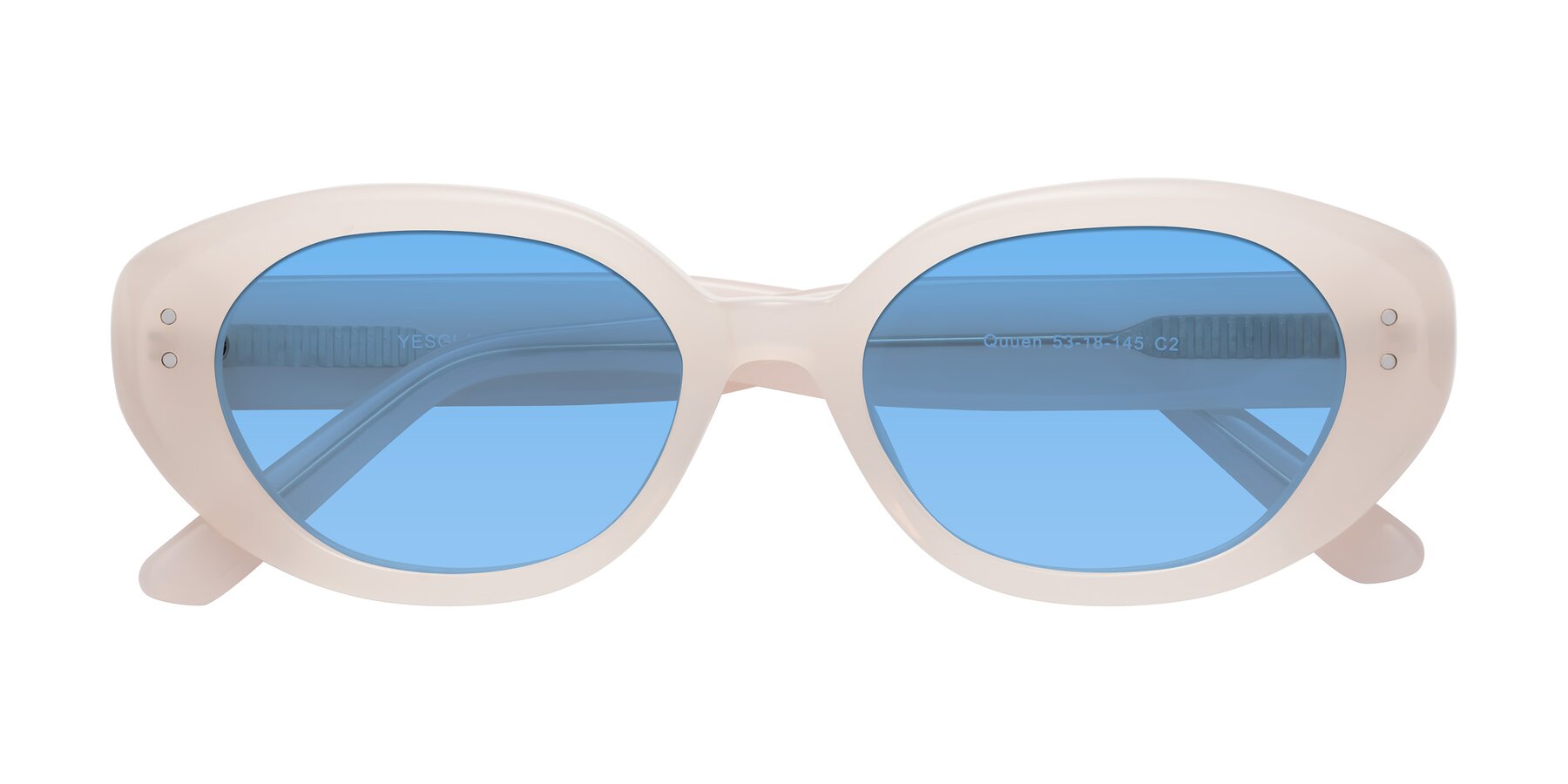 Folded Front of Quuen in Pale Pink with Medium Blue Tinted Lenses