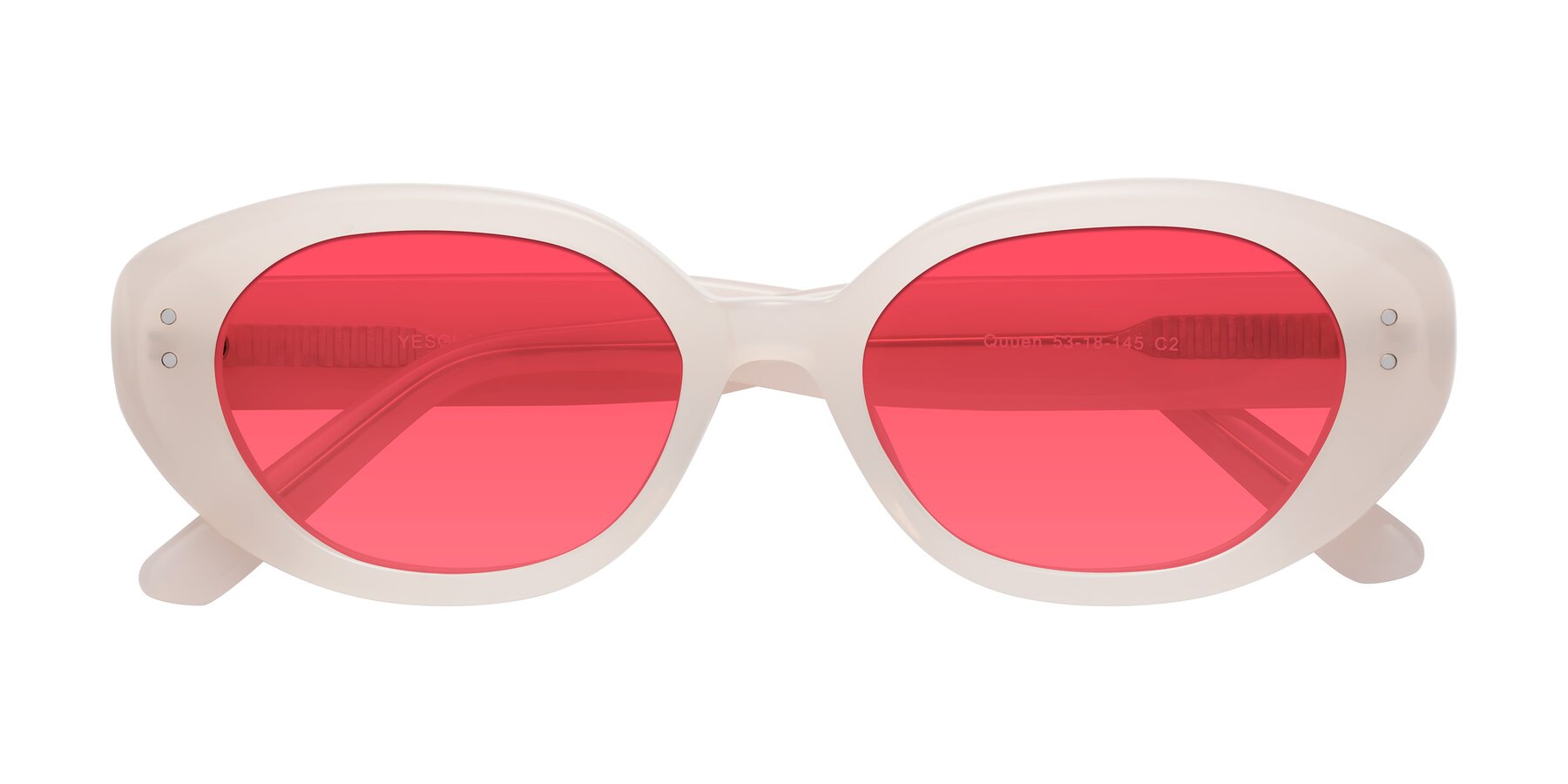 Folded Front of Quuen in Pale Pink with Red Tinted Lenses