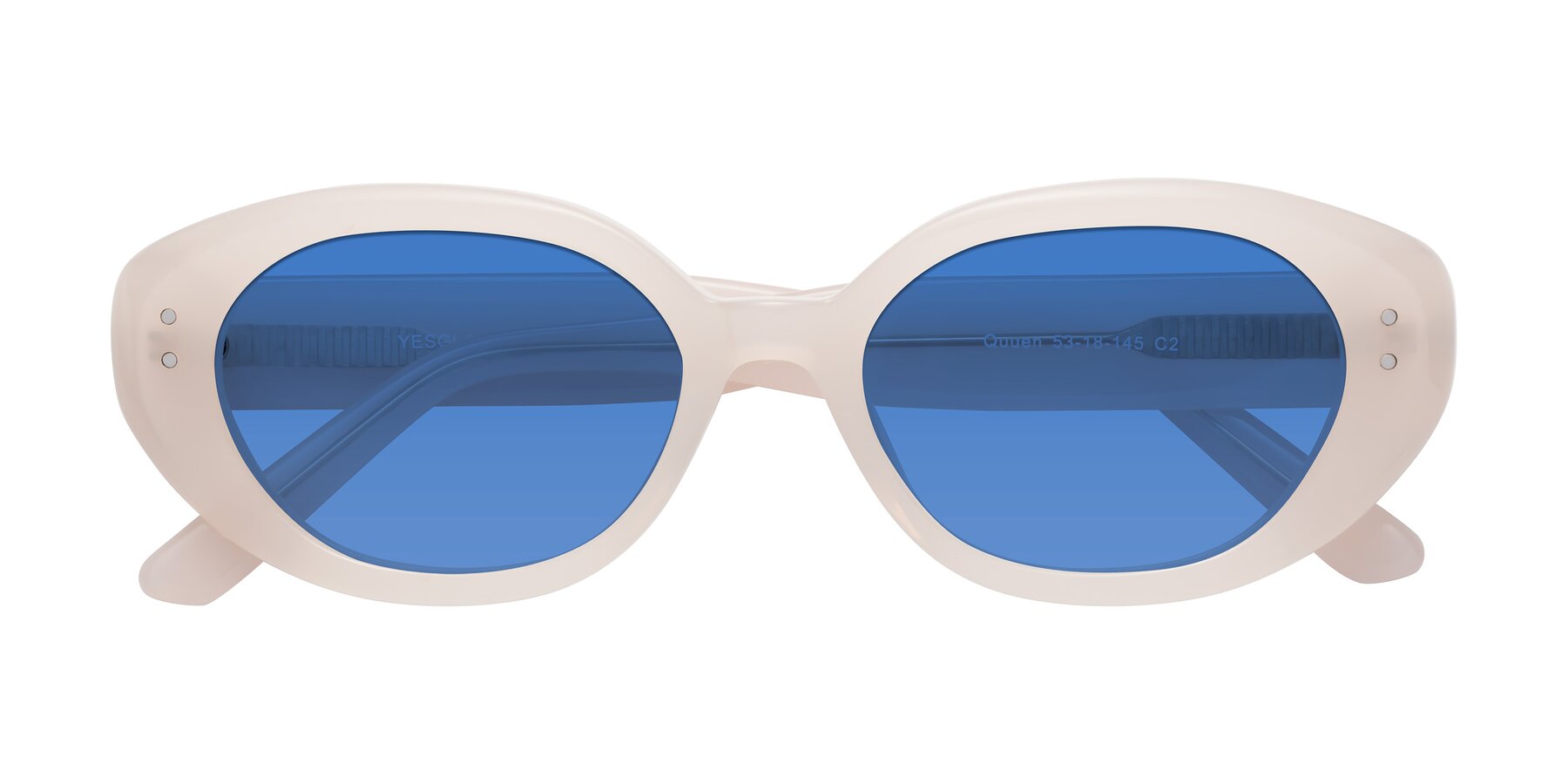 Folded Front of Quuen in Pale Pink with Blue Tinted Lenses