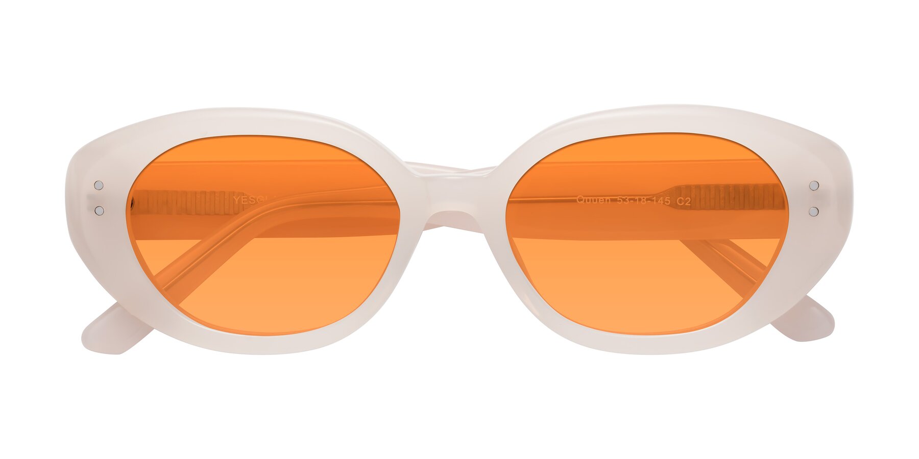 Folded Front of Quuen in Pale Pink with Orange Tinted Lenses