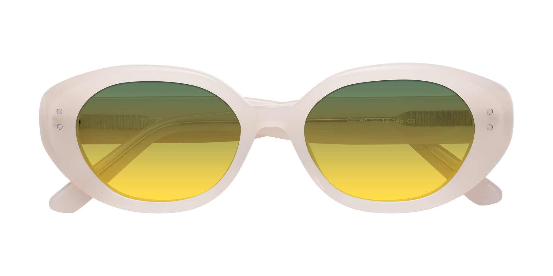 Folded Front of Quuen in Pale Pink with Green / Yellow Gradient Lenses