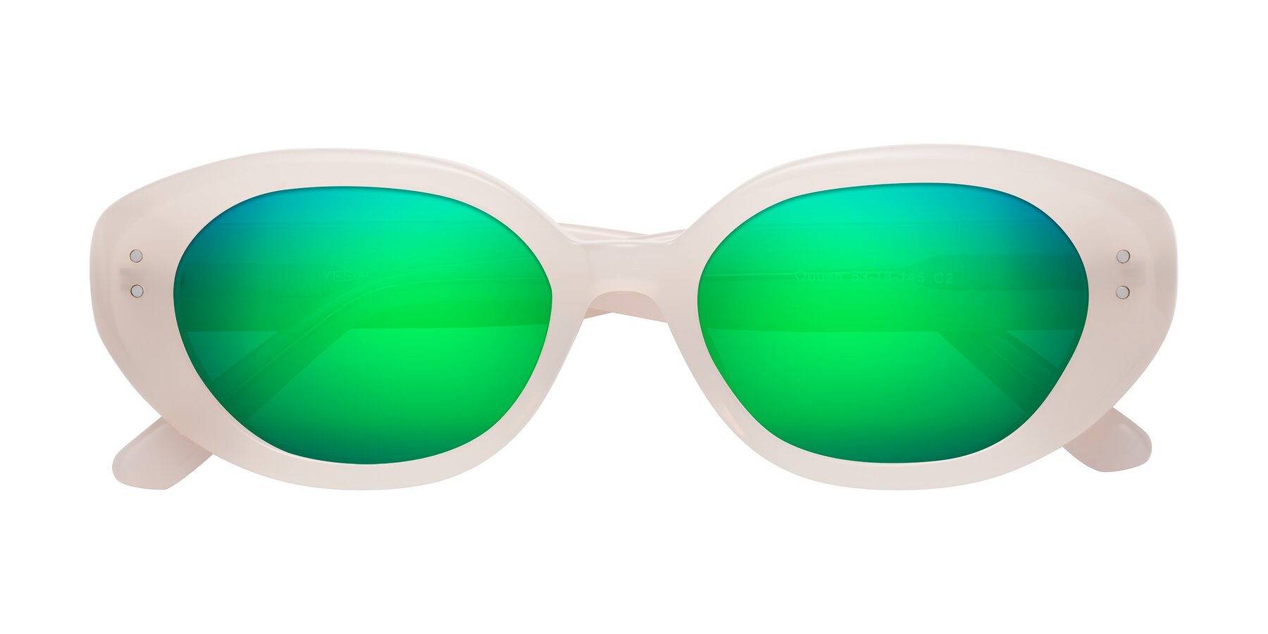 Folded Front of Quuen in Pale Pink with Green Mirrored Lenses