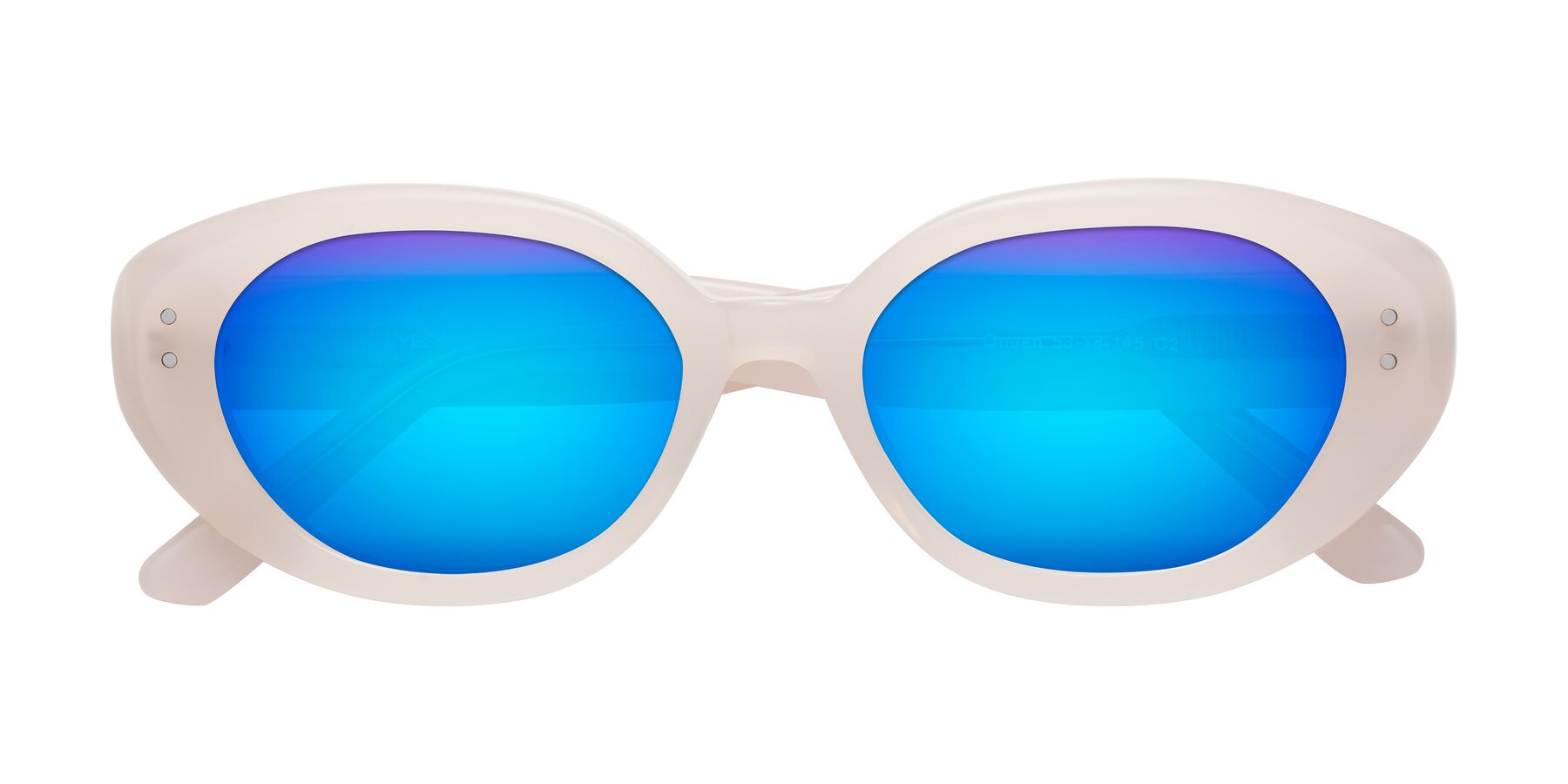 Folded Front of Quuen in Pale Pink with Blue Mirrored Lenses