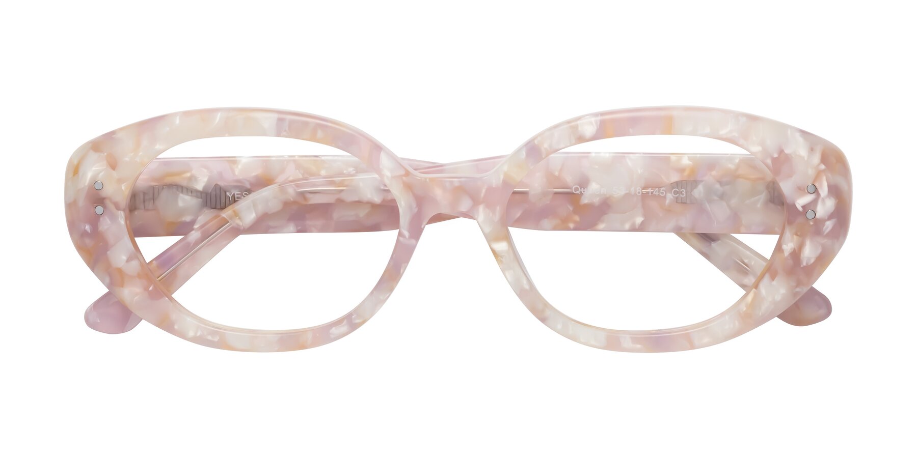 Folded Front of Quuen in Light Pink Tortoise with Clear Reading Eyeglass Lenses