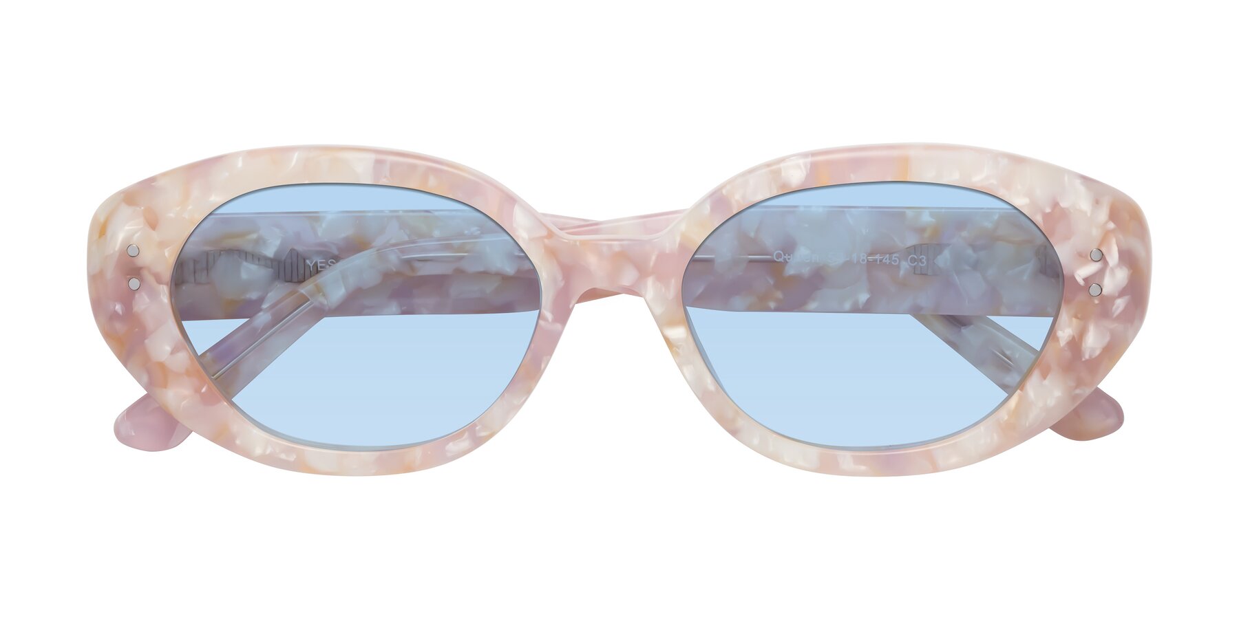 Folded Front of Quuen in Light Pink Tortoise with Light Blue Tinted Lenses