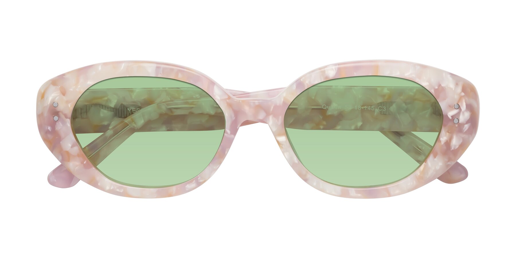 Folded Front of Quuen in Light Pink Tortoise with Medium Green Tinted Lenses