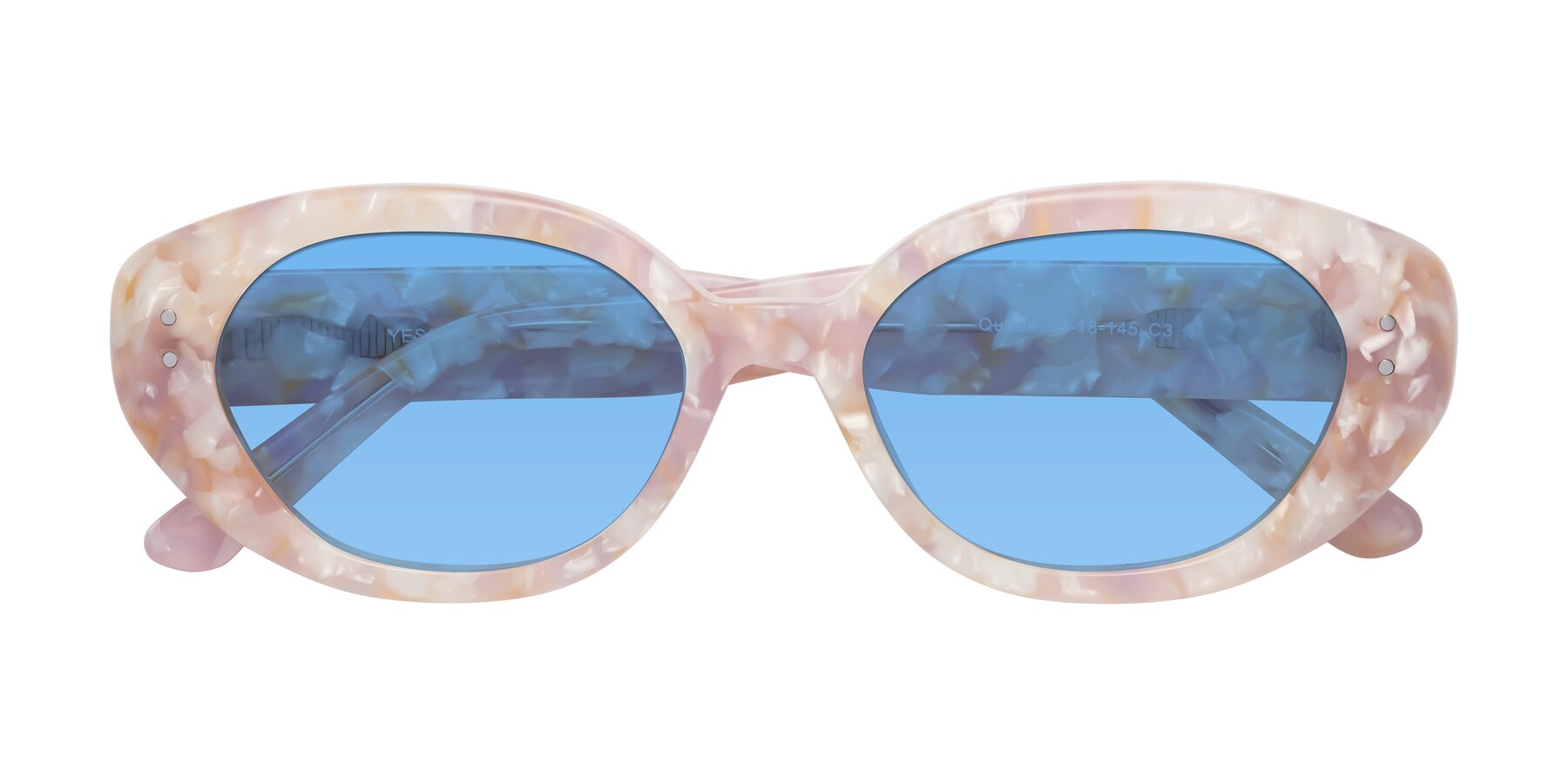 Folded Front of Quuen in Light Pink Tortoise with Medium Blue Tinted Lenses