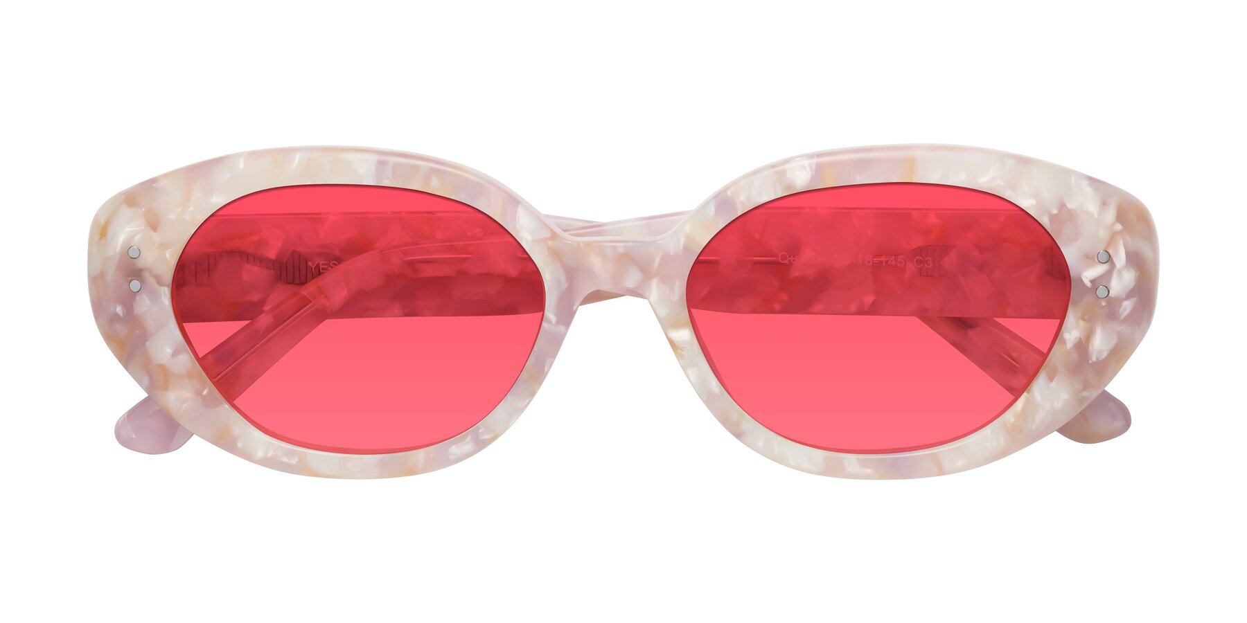 Folded Front of Quuen in Light Pink Tortoise with Red Tinted Lenses