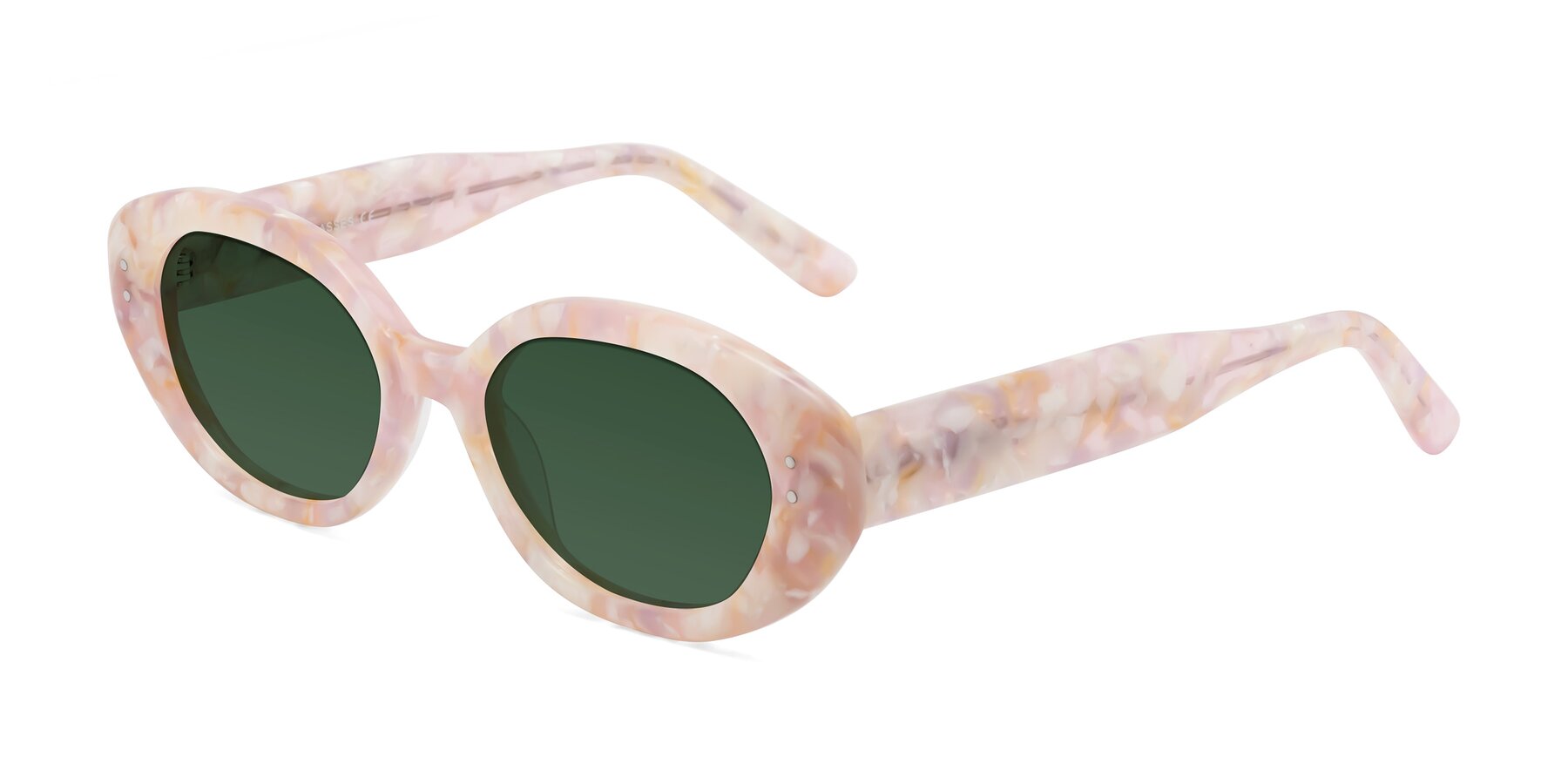 Angle of Quuen in Light Pink Tortoise with Green Tinted Lenses