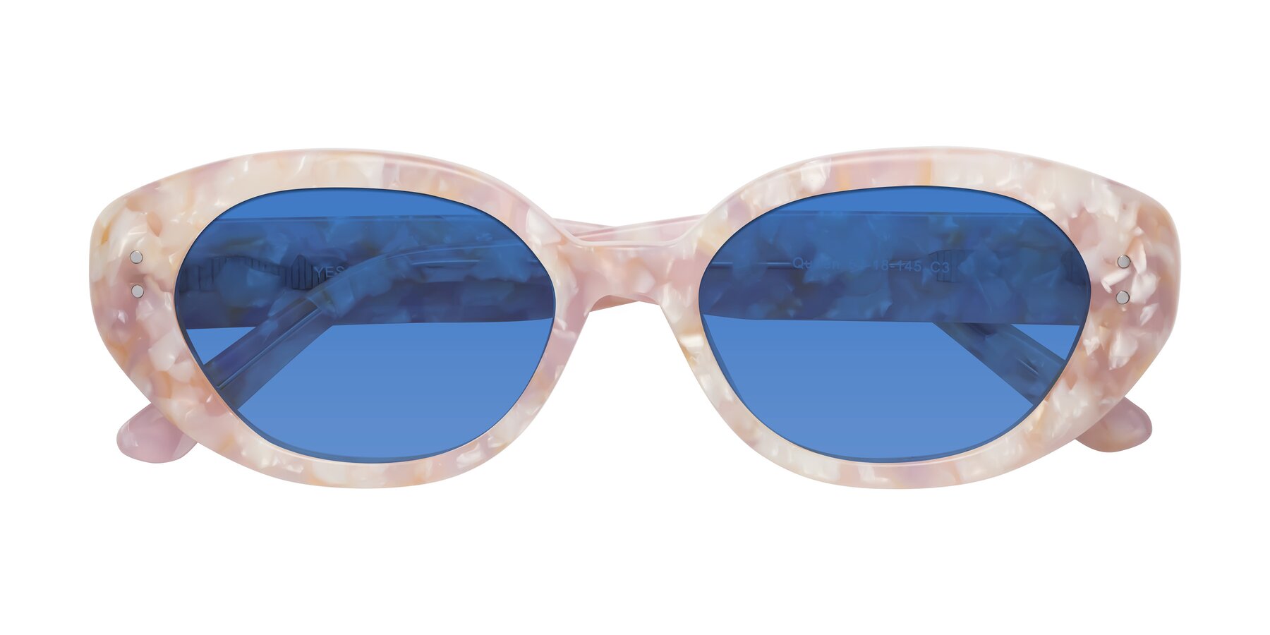 Folded Front of Quuen in Light Pink Tortoise with Blue Tinted Lenses