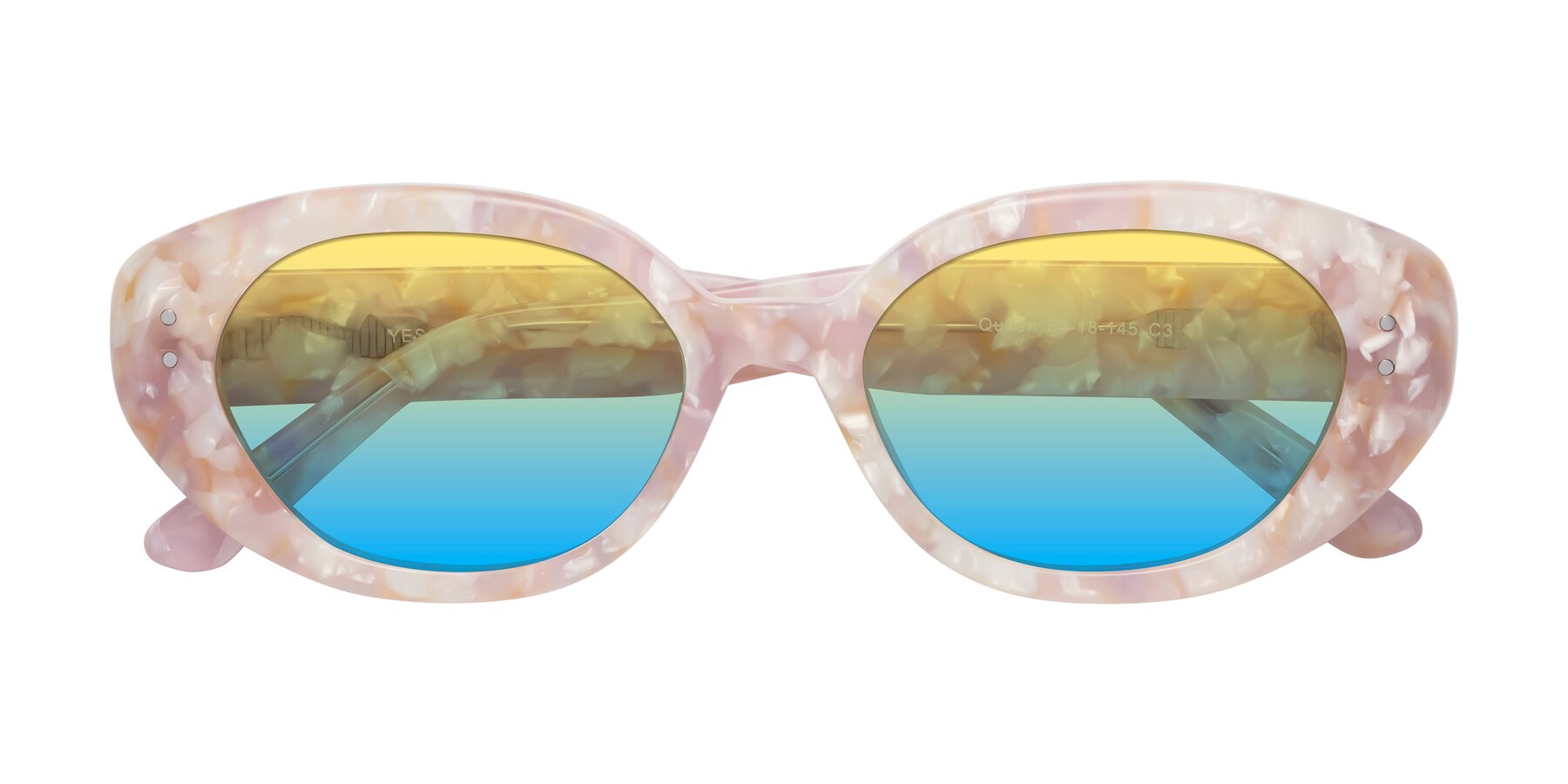 Folded Front of Quuen in Light Pink Tortoise with Yellow / Blue Gradient Lenses