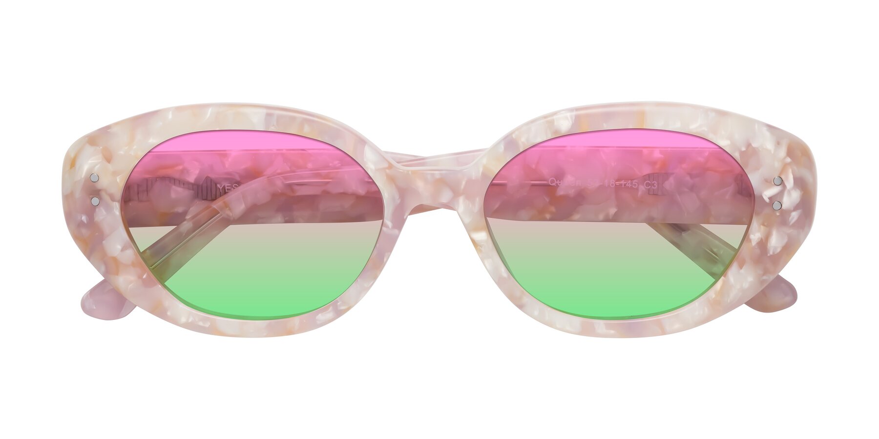 Folded Front of Quuen in Light Pink Tortoise with Pink / Green Gradient Lenses