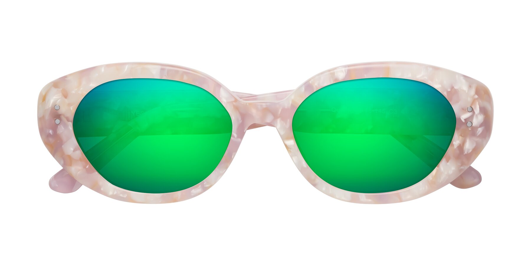 Folded Front of Quuen in Light Pink Tortoise with Green Mirrored Lenses