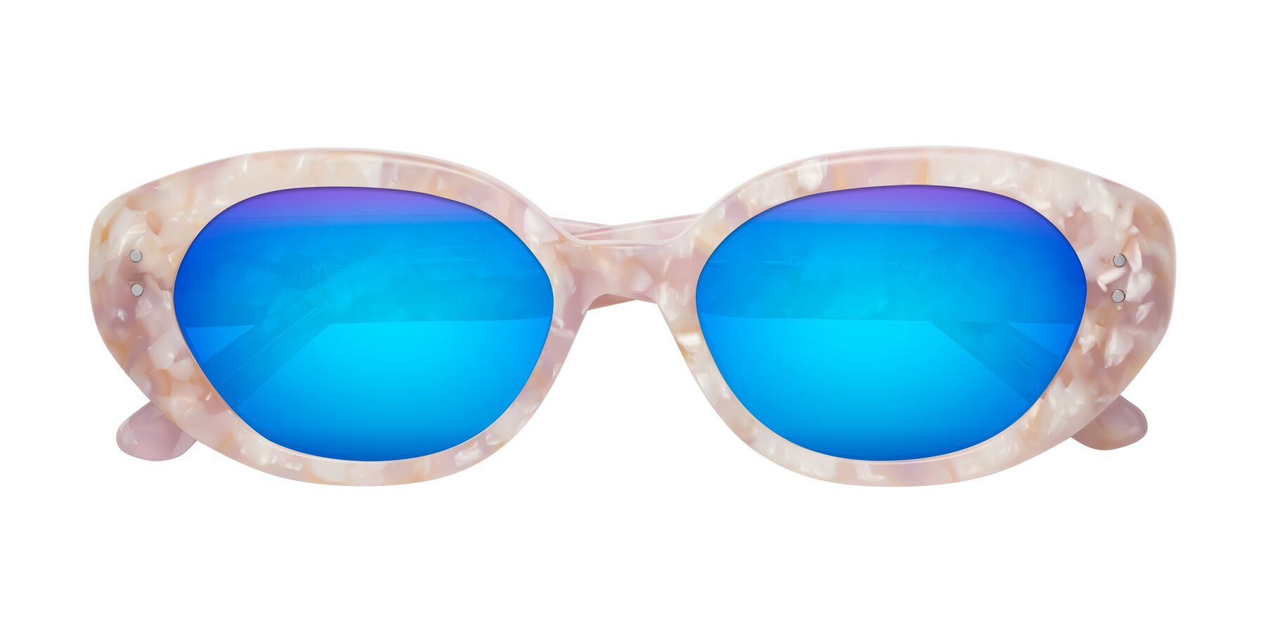 Folded Front of Quuen in Light Pink Tortoise with Blue Mirrored Lenses