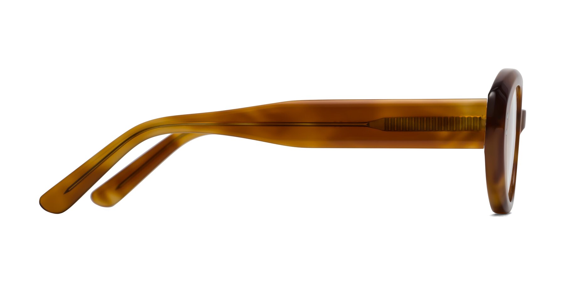 Side of Quuen in Amber Tortoise with Clear Eyeglass Lenses