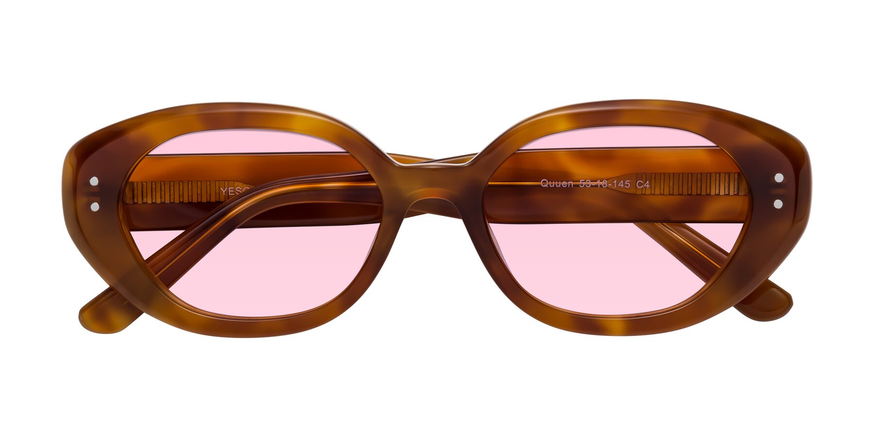 Folded Front of Quuen in Amber Tortoise with Light Pink Tinted Lenses