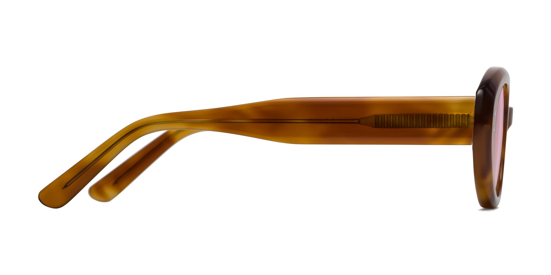 Side of Quuen in Amber Tortoise with Light Pink Tinted Lenses