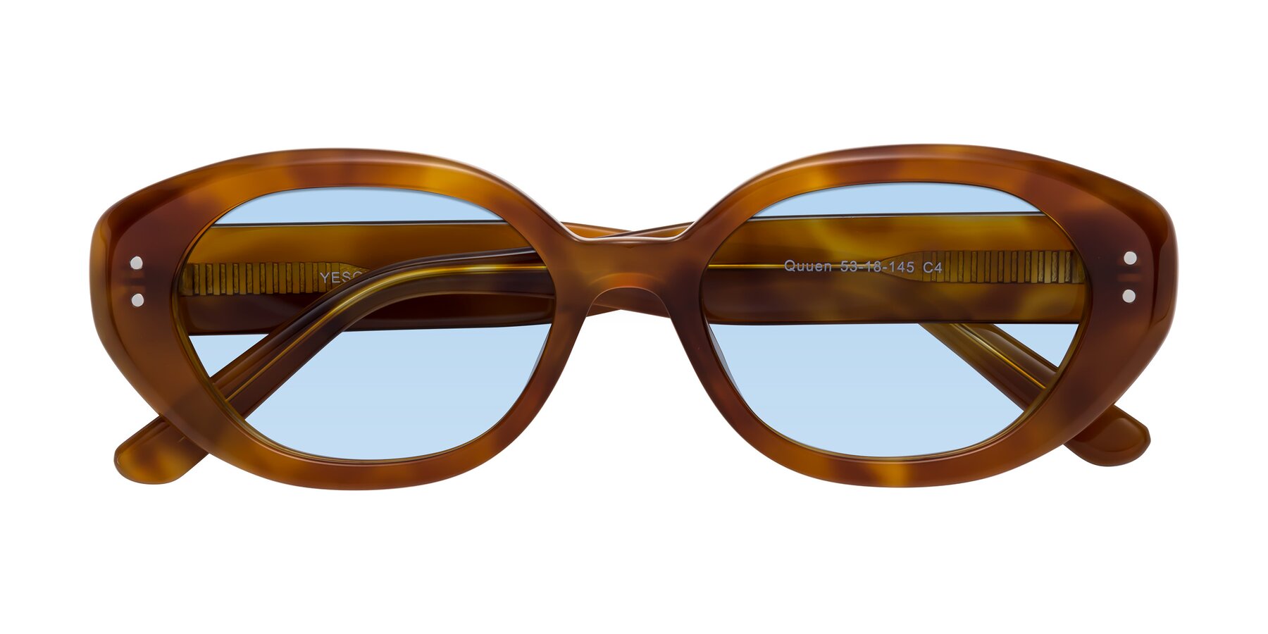 Folded Front of Quuen in Amber Tortoise with Light Blue Tinted Lenses