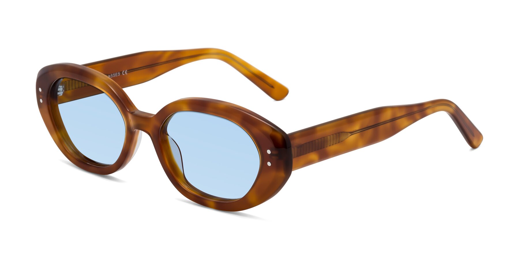 Angle of Quuen in Amber Tortoise with Light Blue Tinted Lenses