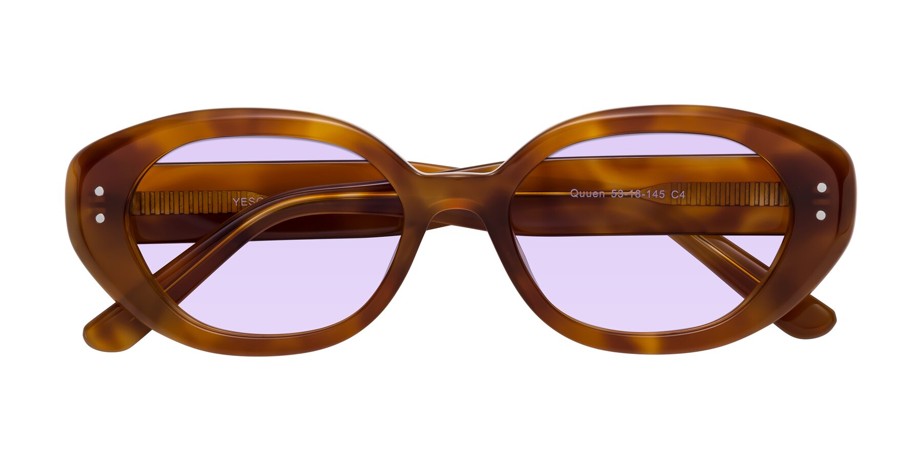 Folded Front of Quuen in Amber Tortoise with Light Purple Tinted Lenses