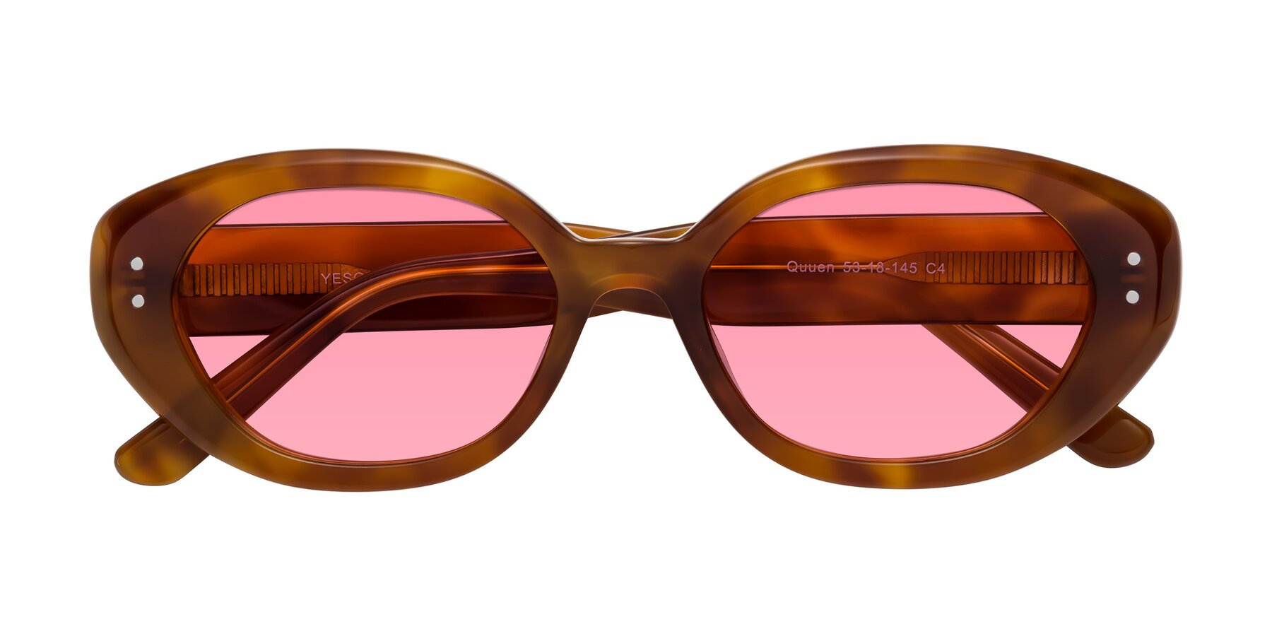 Folded Front of Quuen in Amber Tortoise with Pink Tinted Lenses