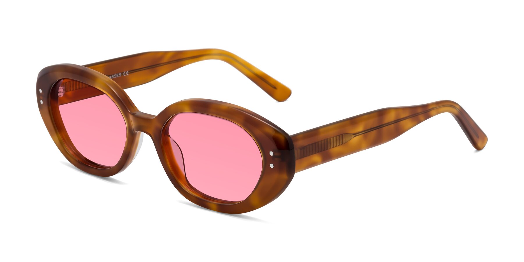 Angle of Quuen in Amber Tortoise with Pink Tinted Lenses