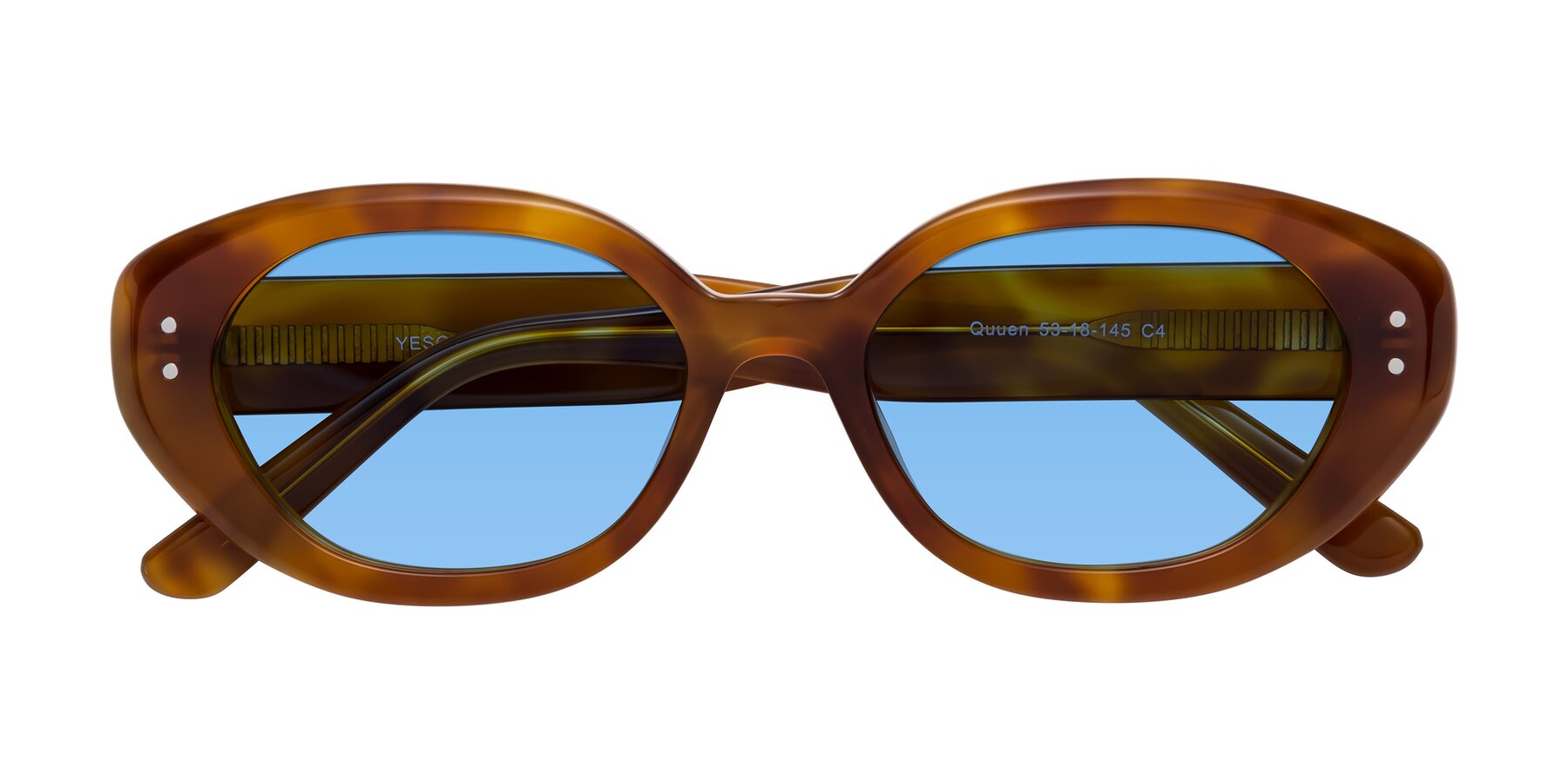 Folded Front of Quuen in Amber Tortoise with Medium Blue Tinted Lenses