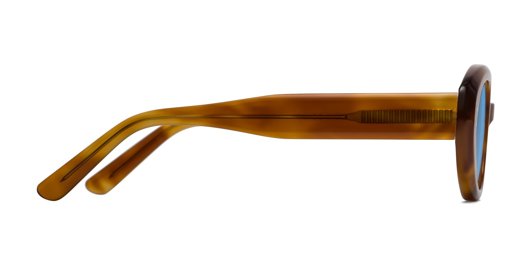 Side of Quuen in Amber Tortoise with Medium Blue Tinted Lenses