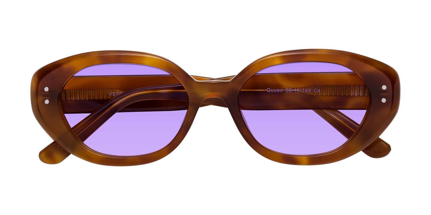 Folded Front of Quuen in Amber Tortoise with Medium Purple Tinted Lenses