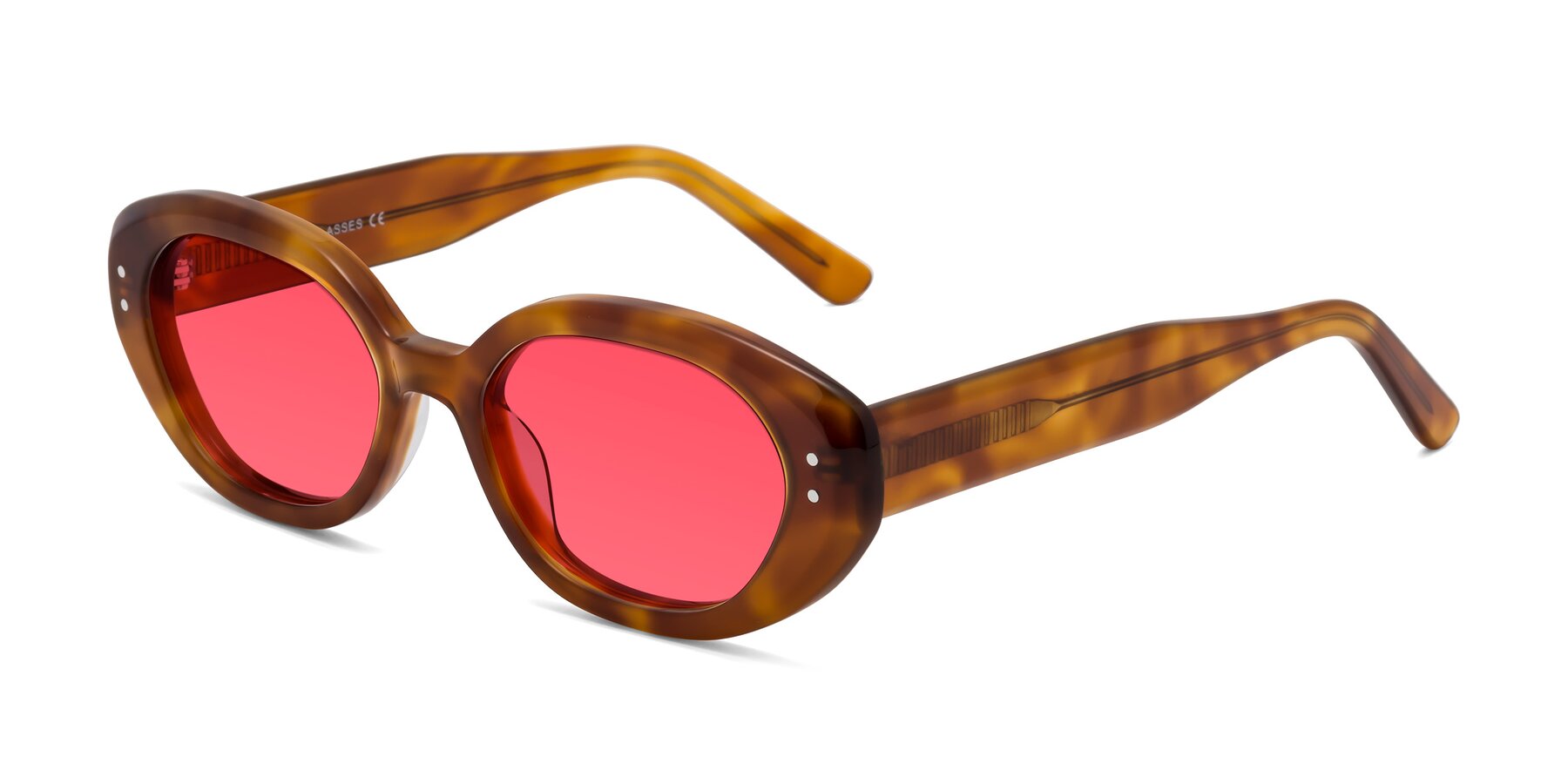 Angle of Quuen in Amber Tortoise with Red Tinted Lenses