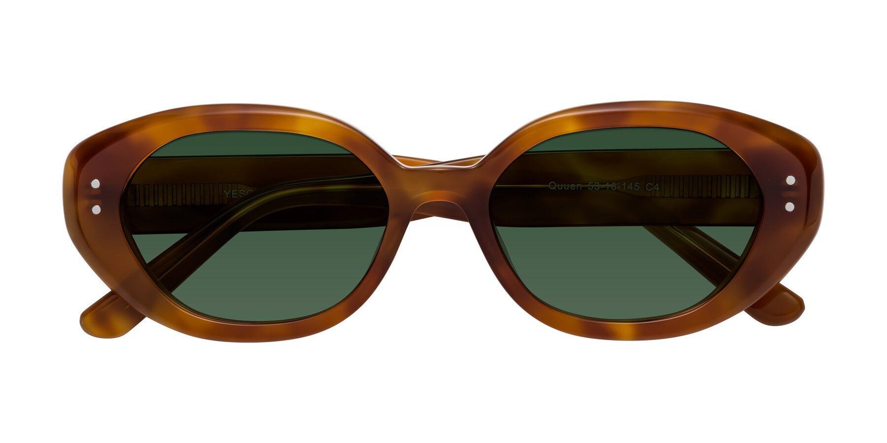 Folded Front of Quuen in Amber Tortoise with Green Tinted Lenses