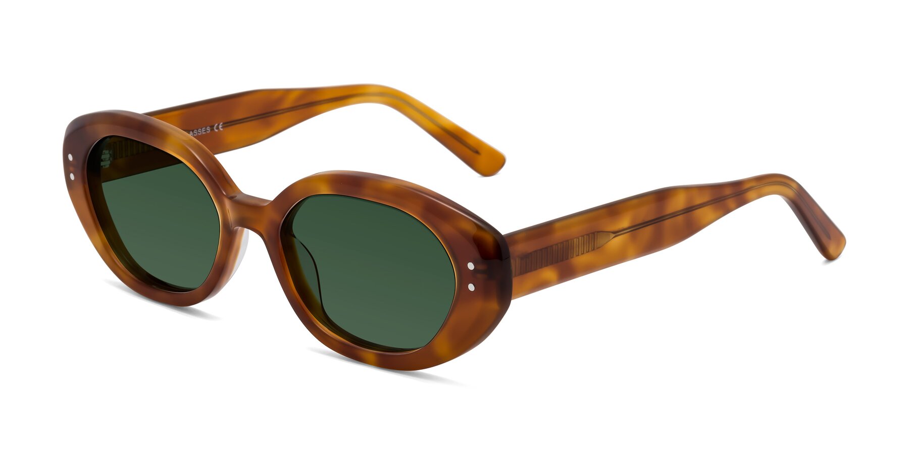 Angle of Quuen in Amber Tortoise with Green Tinted Lenses